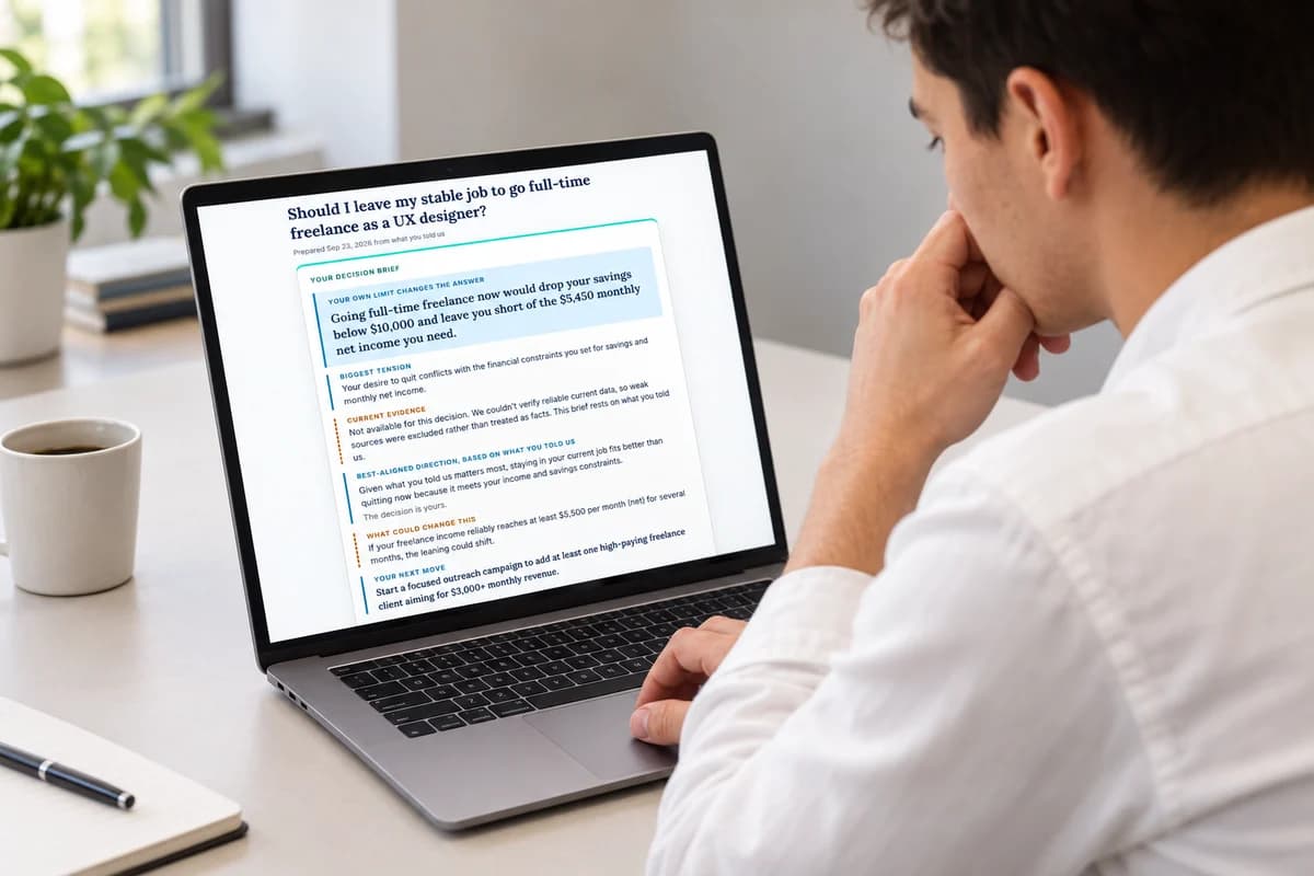 Illustrative product scene: a man reviewing a sample Deep Decision report on his laptop.