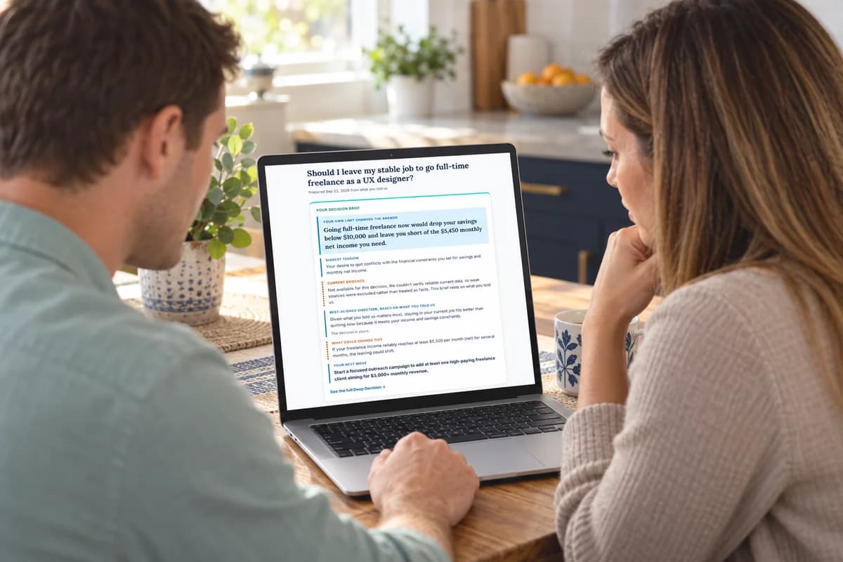 Illustrative product scene: two adults reviewing a sample decision report at their kitchen table.