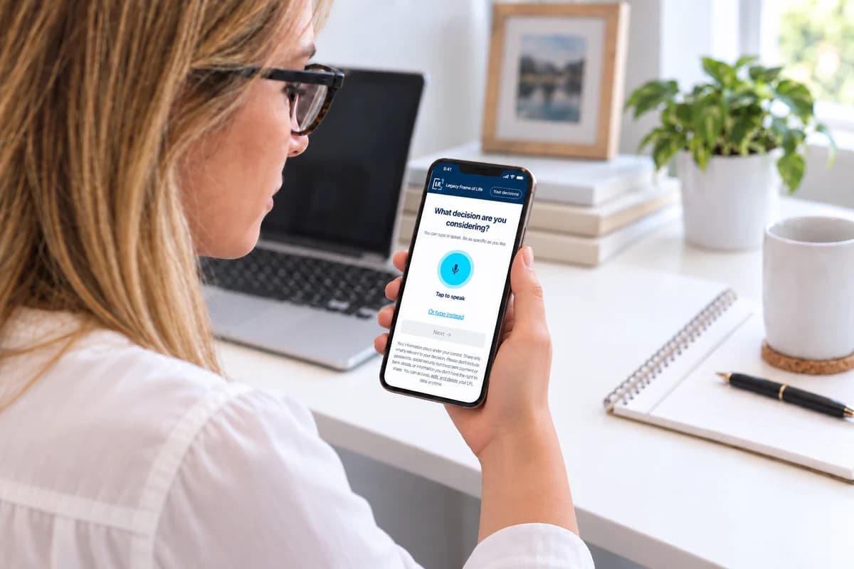 Illustrative product scene: a woman using the Deep Decision voice-or-type intake on a phone.