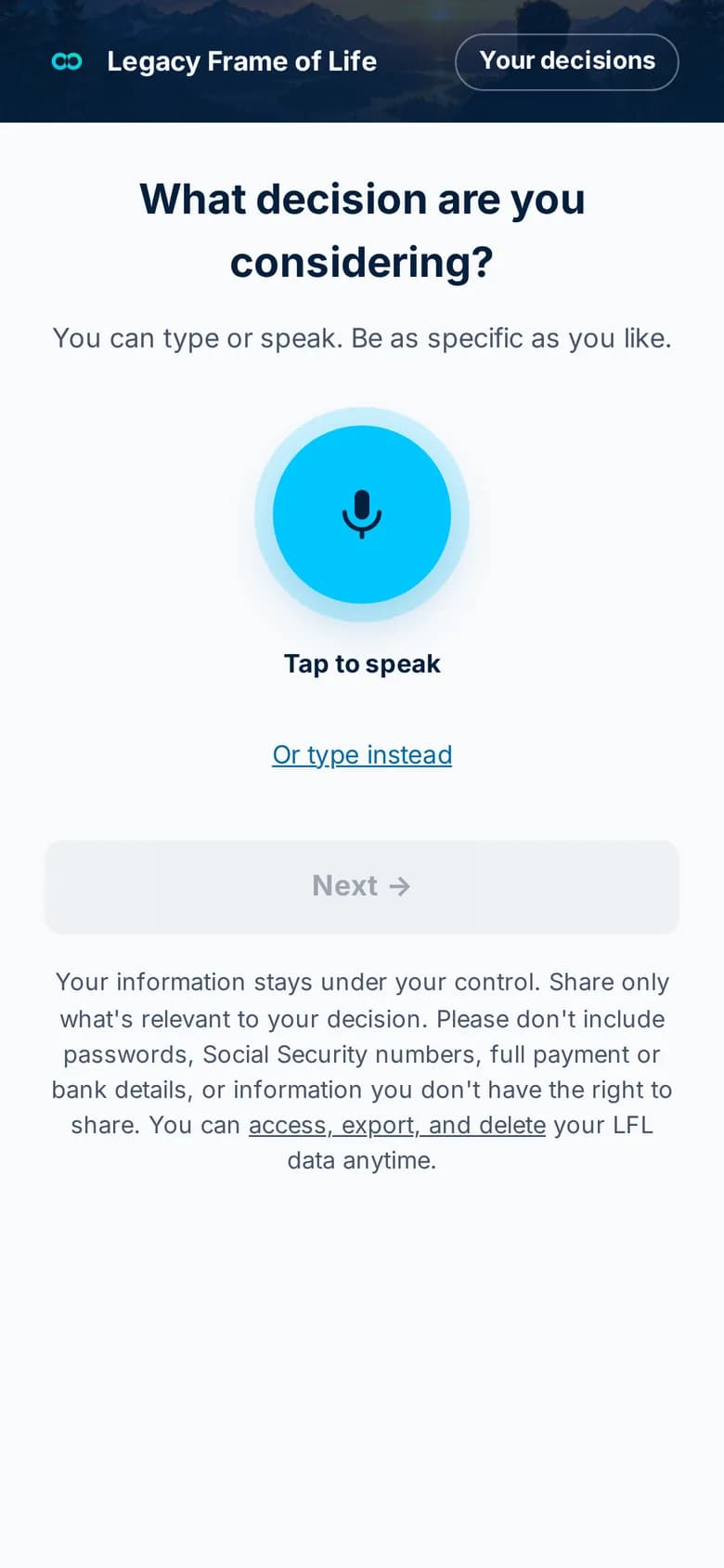 Phone: “What decision are you considering?” with a large blue tap-to-speak button and an option to type instead.